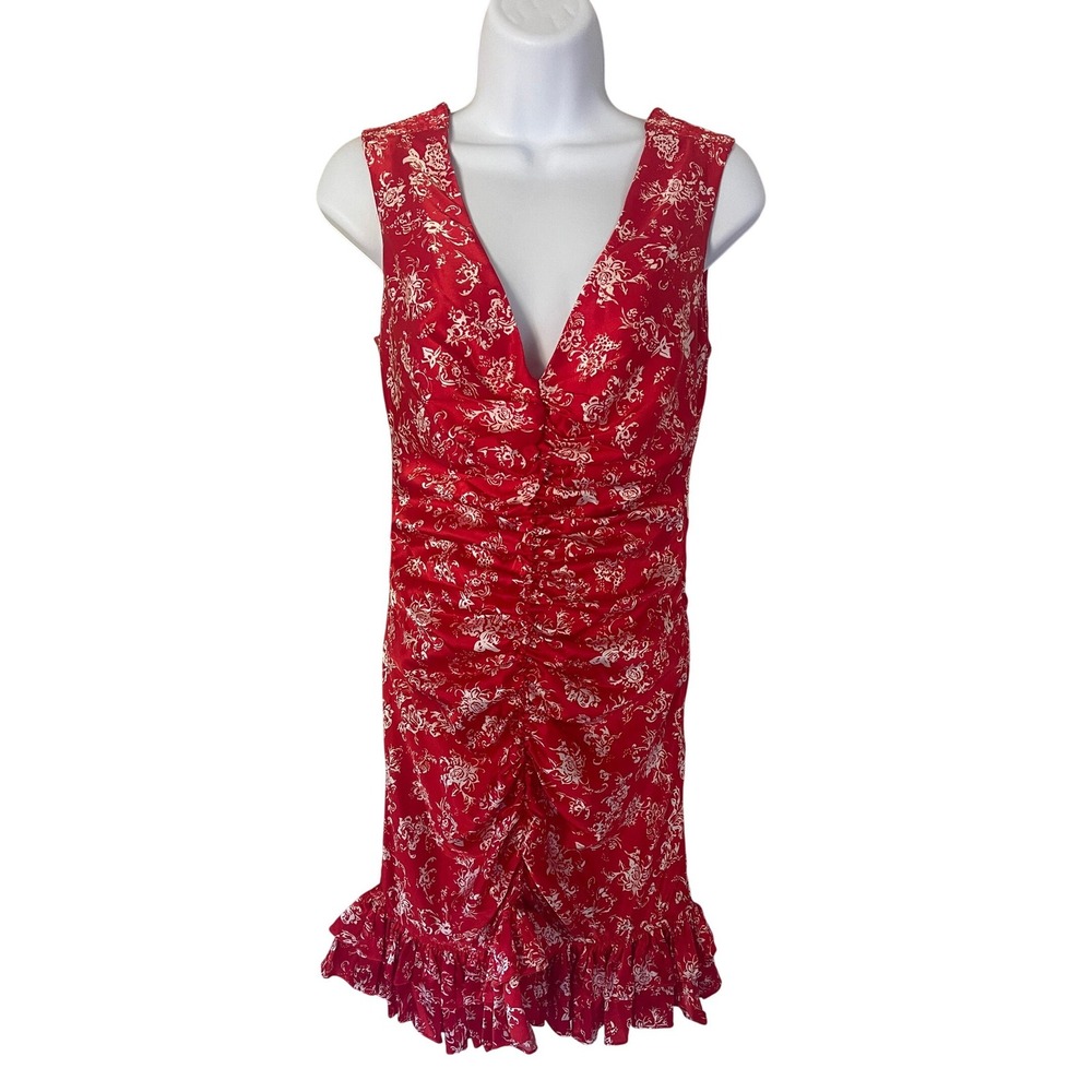 Caroline Constas‎ Red Floral Silk Ruched V-Neck Ruffle Mini Dress Small New